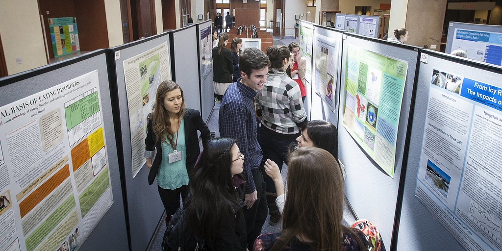 Researchers talk at a research poster session.